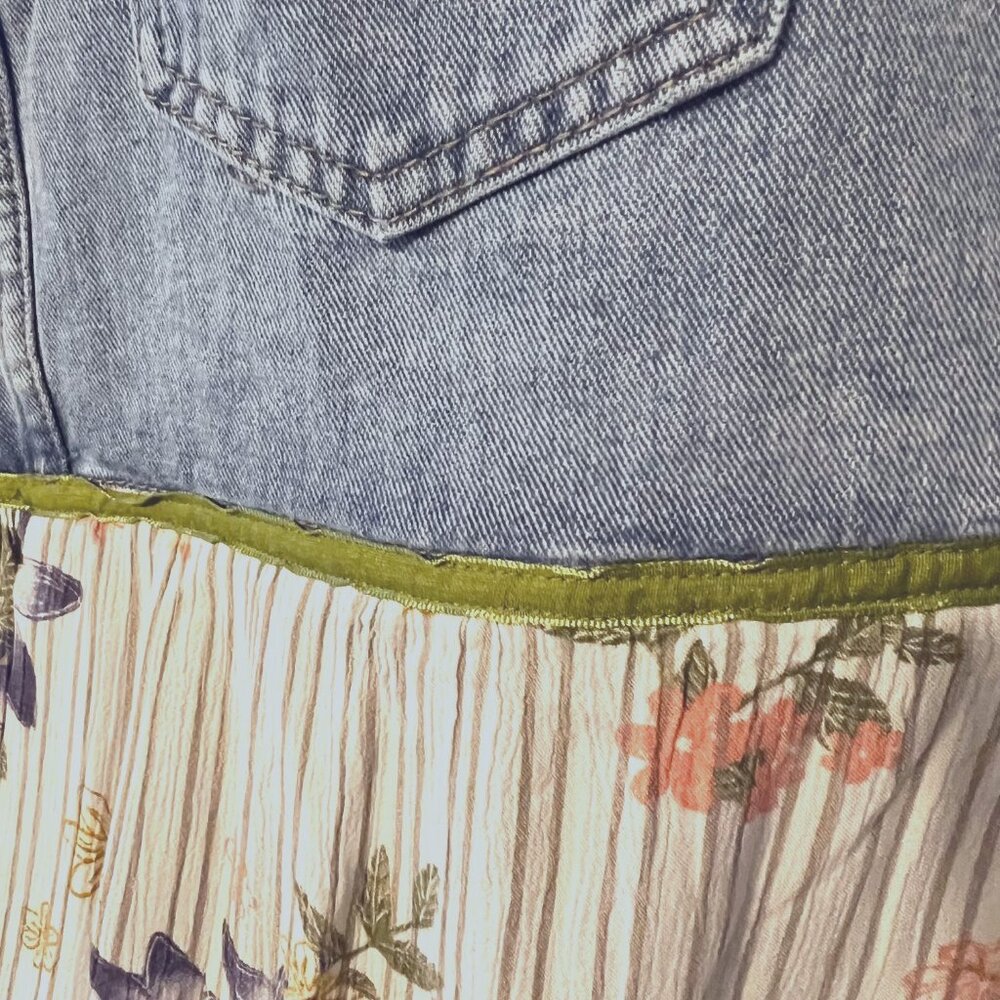 Handmade Upcycled Denim Jean Skirt-Sz. Small-Blue/Green/Floral Long Slit Skirt - Picture 9 of 12
